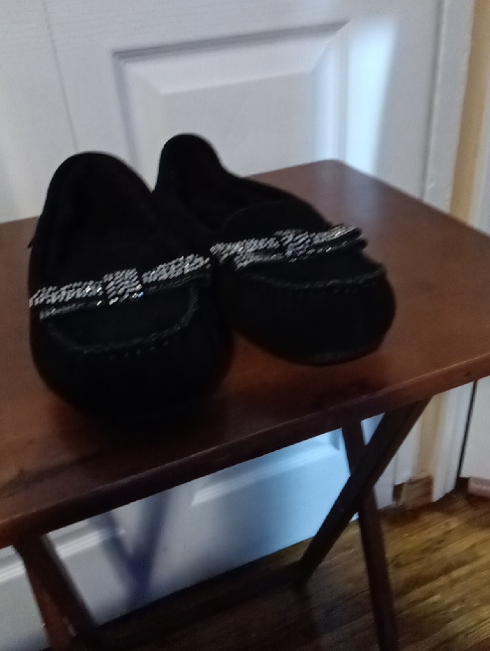 Black Women's Moccasin Slip-Ons with Crystal Accent